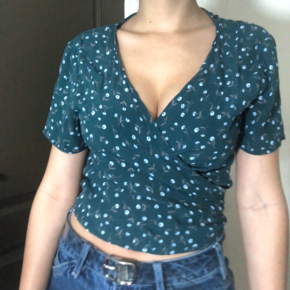 Brandy Melville Green Floral Wrap Top